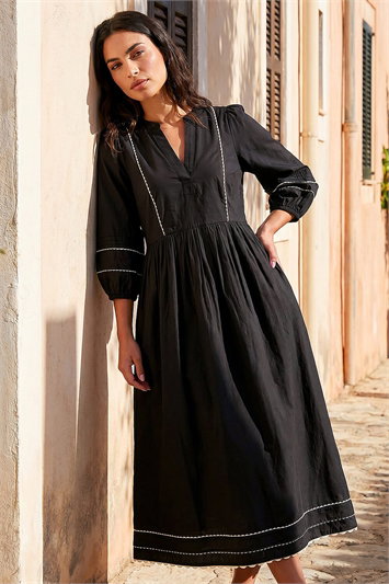 Black Ric Rac Collared Midi Dress