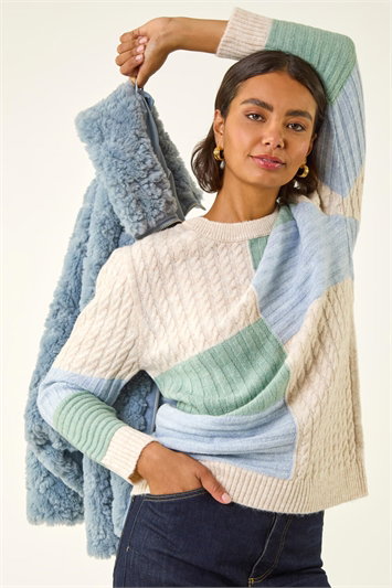 White Colour Block Cable Knit Jumper