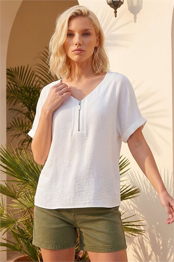 White Petite Zip Front V-Neck Top