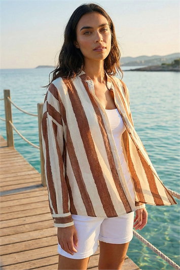 Brown Stripe Print Relaxed Button Shirt