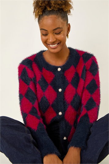 Red Fluffy Argyle Knit Cardigan
