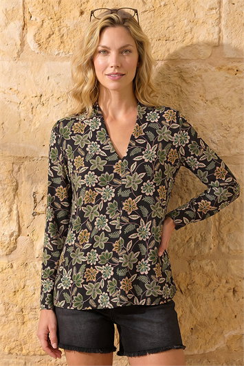 Green Floral Print V-Neck Top