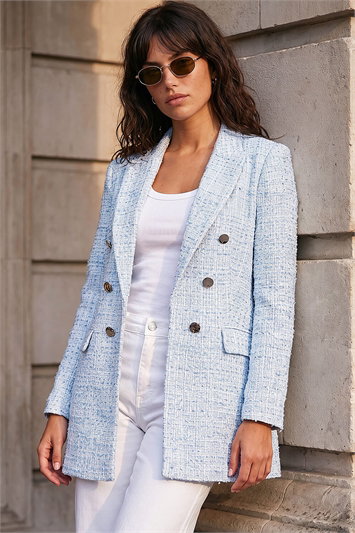 Blue Textured Check Boucle Blazer Jacket
