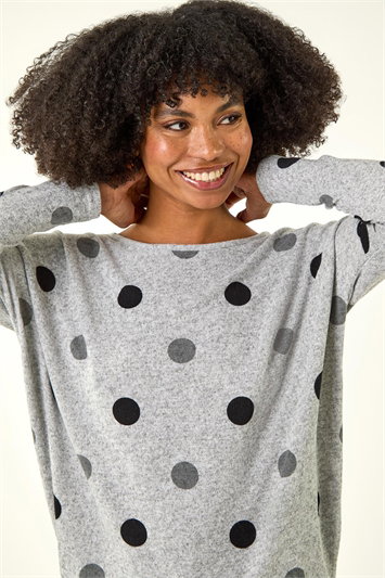 Grey Polka Dot Blouson Long Sleeve Jersey Tunic Top