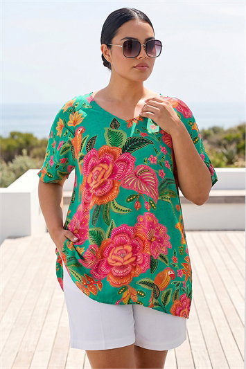Green Curve Floral Print V-Neck Top