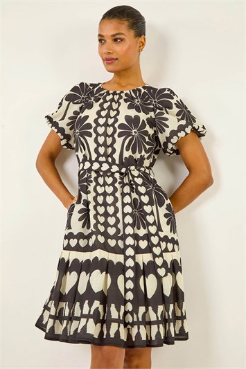 Black Floral Heart Pleated Dress