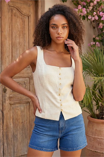 White Dusk Linen Blend Button Top