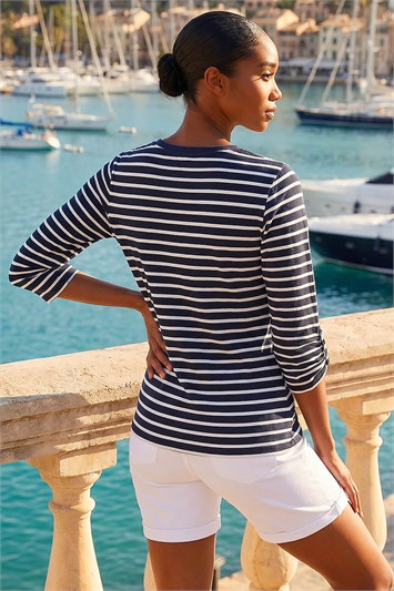 Petite Stripe V-Neck Button Top 19404460