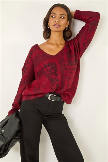 Red Abstract Jacquard V-Neck Jumper