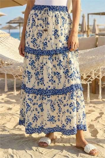 White Floral Contrast Print A-Line Skirt