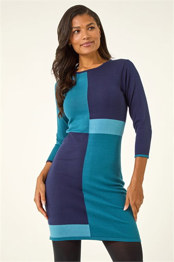 Blue Colour Block Knitted Dress