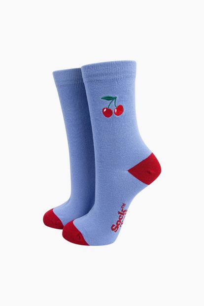 Blue Embroidered Cherries Combed Cotton Socks