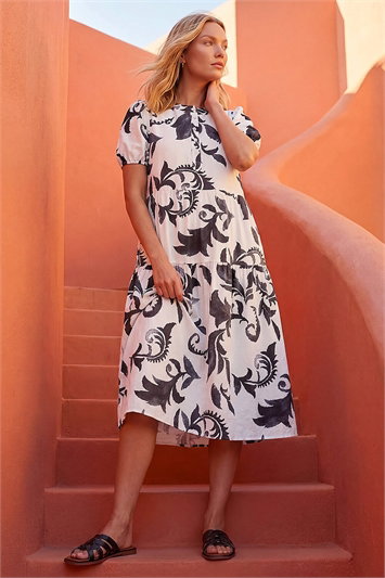 Blue Leaf Print Button Shirt Midi Dress