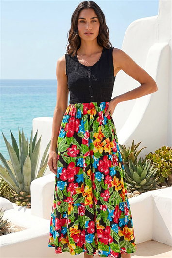 Green Floral Button Front Midi Dress