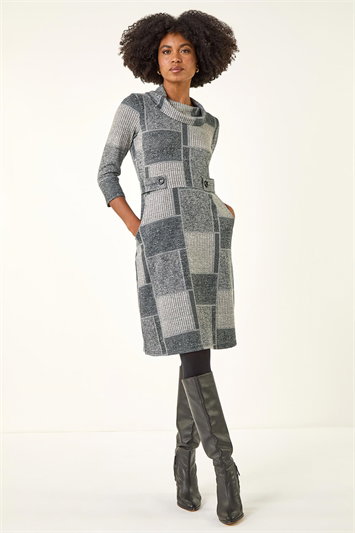 Grey Patchwork Cowl Neck Button Detail Dress