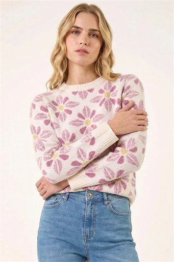 White Floral Crew Neck Knit Jumper