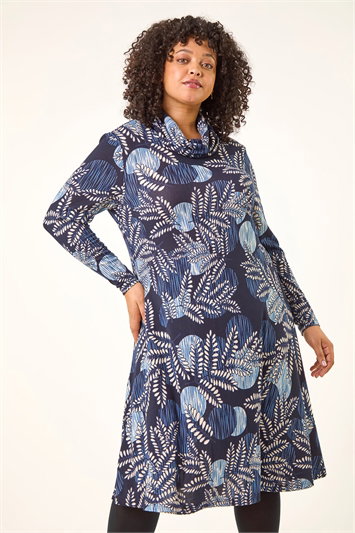 Blue Curve Leaf Print Cowl Neck Dress