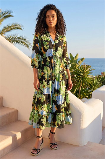 Floral Tiered Button Midi Dress 14841434