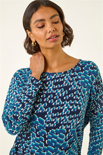 Blue Printed Bubble Hem Top