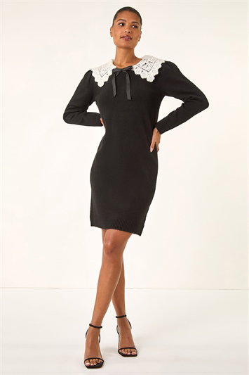 Black Crochet Collar Knitted Dress