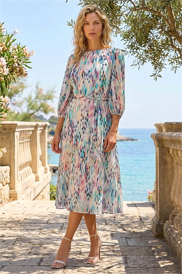 Blurred Print Pleat Neck Midi Dress 14688494