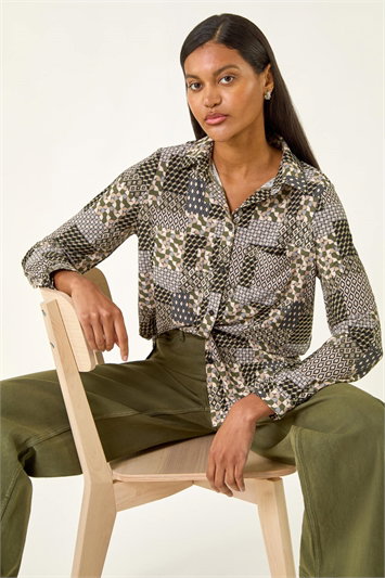 Grey Patchwork Print Stretch Top