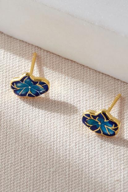 Blue Gold Plated Sterling Silver Blue Flower Studs