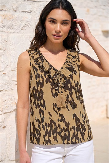 Black Abstract Print Frill Tie Front Top