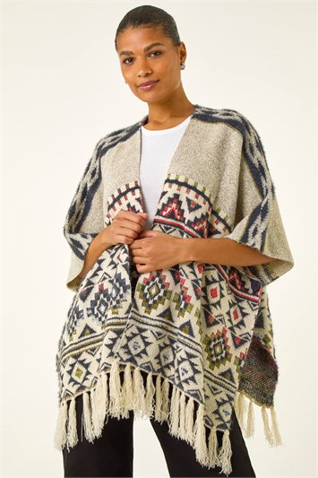 Jacquard Tassel Trim Poncho 16221559