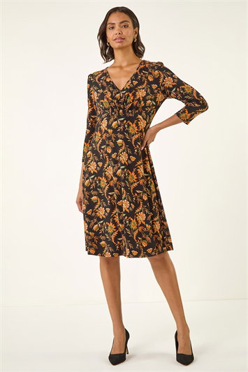 Orange Floral Gathered Stretch Dress