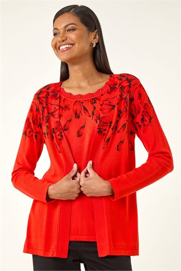 Red Floral Embellished Print Knit Set