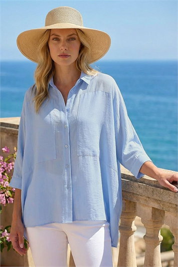 Blue Boxy Relaxed Button Up Blouse