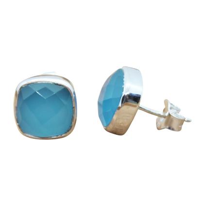 Metallic 925 Sterling Silver Blue Chalcedony Gemstone Earrings