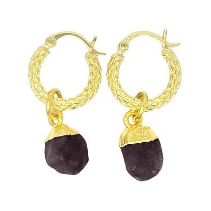 Metallic Raw Garnet January Birthstone Huggie Hoops Gold Vermeil Plated Gemstone Earrings