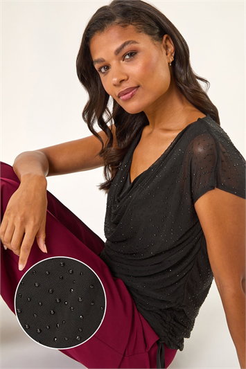 Black Sparkly Cowl Neck Stretch Top
