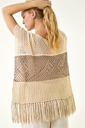 Cream Tassel Stripe Crochet Poncho