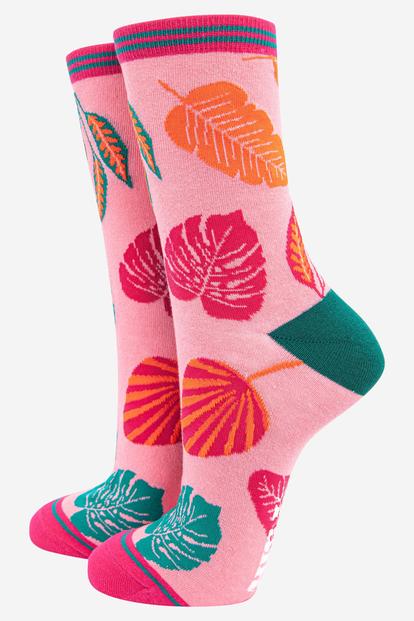 Pink Tropical Jungle Leaf Bamboo Socks