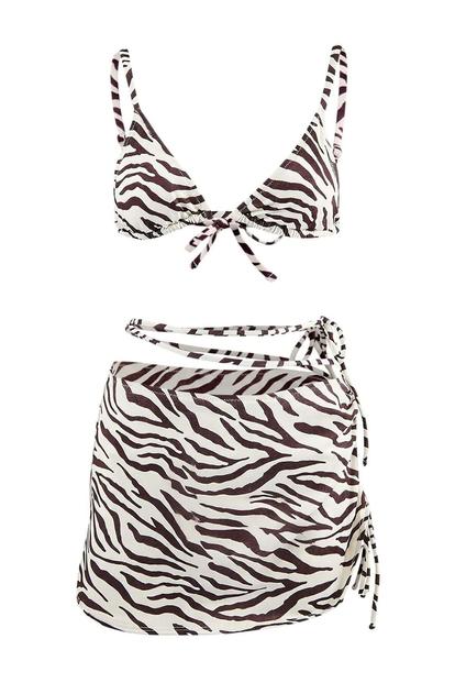 Black Triangle Bikini Set With Tie Side Skirt Detail
