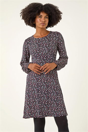 Blue Ditsy Floral Print Stretch Dress