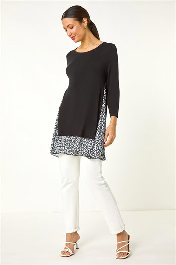 Animal Print Contrast Mesh Hem Stretch Top 19321408