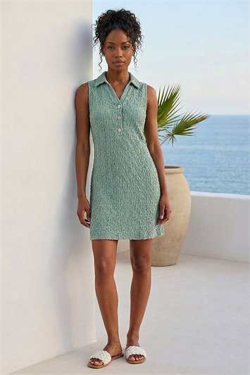 Green Crinkle Collared A-Line Stretch Dress