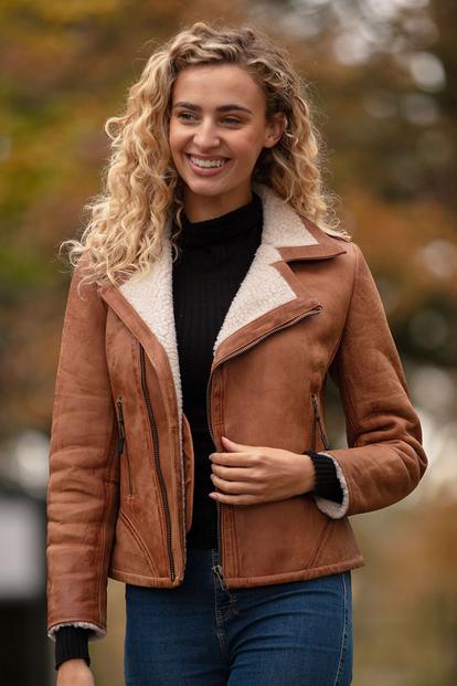 Black 'Jan' Real Leather Biker Style Jacket With Faux Fur Lining