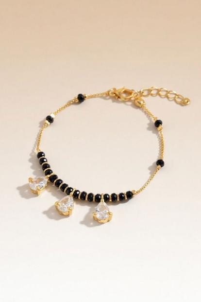 Black Black Bead Mangalsutra Zircon Drop Gold Nazar Bracelet