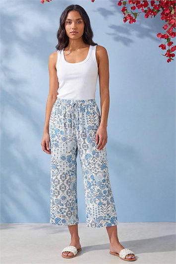 Blue Petite Printed Cropped Trousers