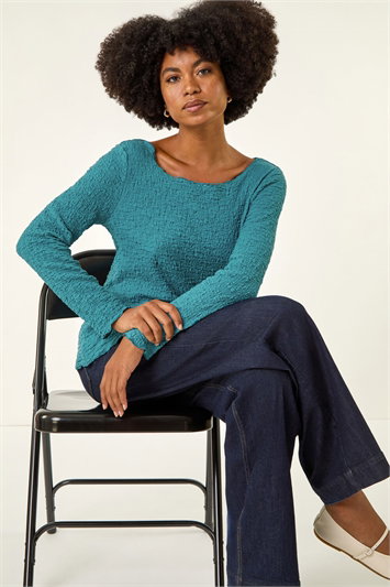 Blue Textured Bubble Crepe Lettuce Edge Top