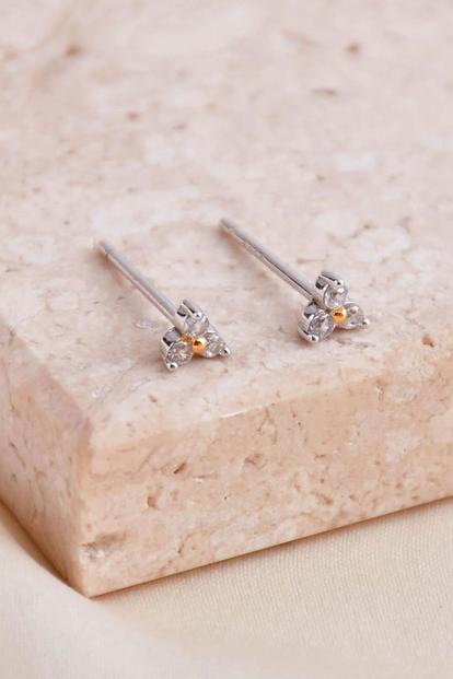 Metallic Sterling Silver Cz Floral Trinity Tiny Studs