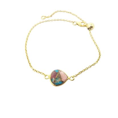 Metallic 18Ct Gold Vermeil Pink Opal And Turquoise Adjustable Bracelet