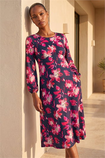 Pink Floral Fit & Flare Midi Dress