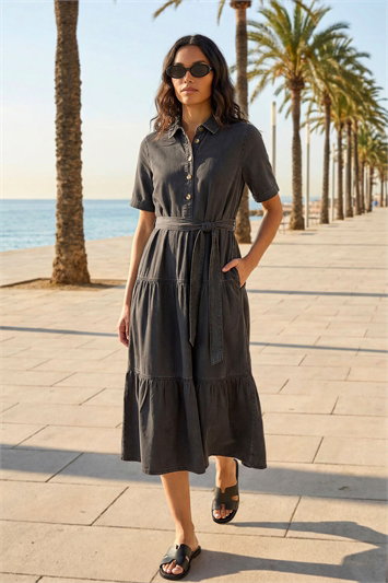 Black Button Detail Tiered Midi Dress