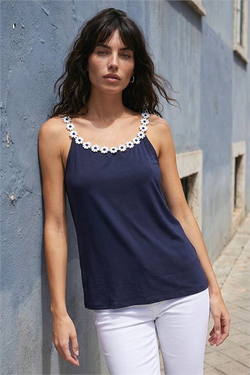 Blue Daisy Trim Strappy Vest Top